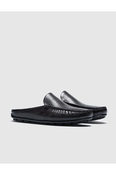 Cabani Genuine Leather Black Laser Embroidered Men's Daily Slippers