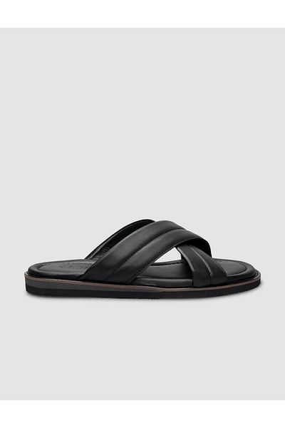 Cabani Black Cross-Strapped 100% Genuine Leather Men's Slippers