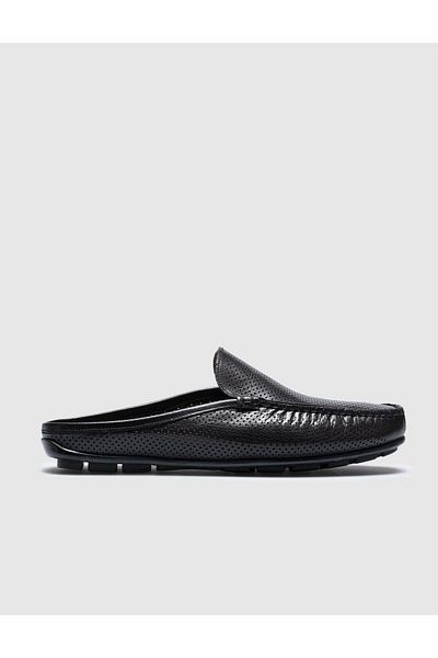 Cabani Genuine Leather Black Laser Embroidered Men's Daily Slippers
