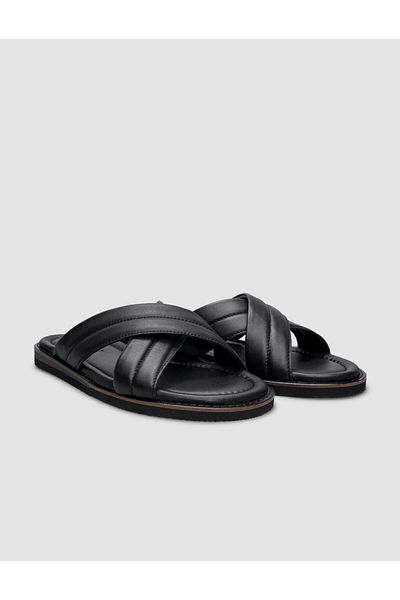 Cabani Black Cross-Strapped 100% Genuine Leather Men's Slippers
