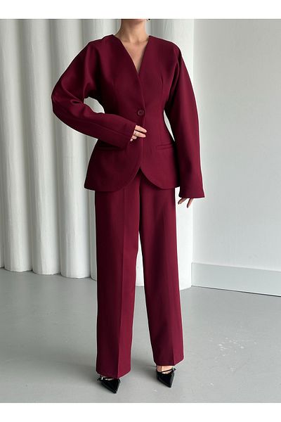 Laluvia Burgunderfarbenes Lorah-Jacken-Hosen-Set mit Taillensitz - 2025129