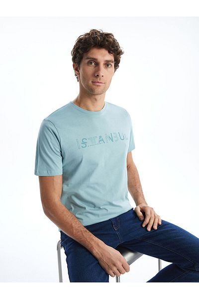 LC Waikiki Turquoise Crew Neck Short Sleeve Istanbul Printed Combed Cotton Men's T-Shirt