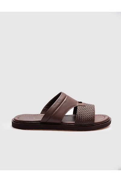 Cabani Genuine Leather Brown Men's Casual Slippers