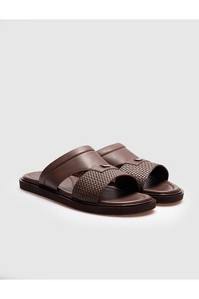 Cabani Genuine Leather Brown Men's Casual Slippers