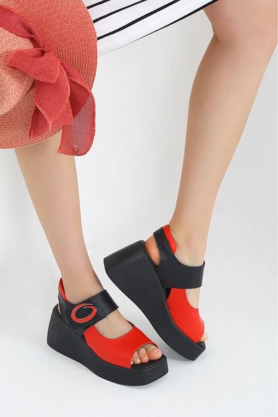 Cassido Genuine Leather Wedge Heel Velcro Women's Red Black Sandals Shoes