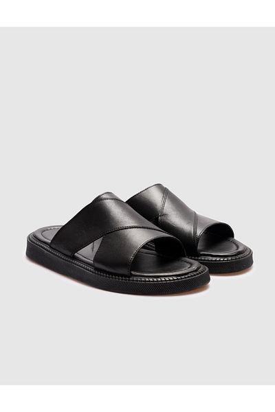 Cabani Black Genuine Leather Men's Casual Slippers