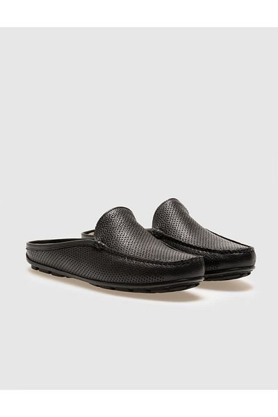 Cabani Papuci casual pentru bărbați din piele naturală, negru, brodat cu laser