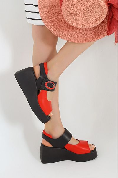 Cassido Genuine Leather Wedge Heel Velcro Women's Red Black Sandals Shoes