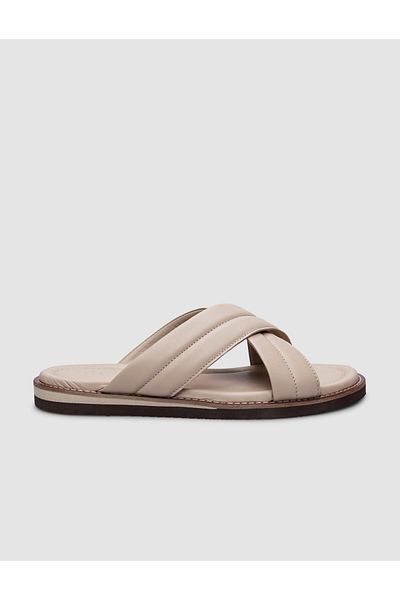 Cabani Beige Men's Slippers - 100% Genuine Leather, Cross Strap