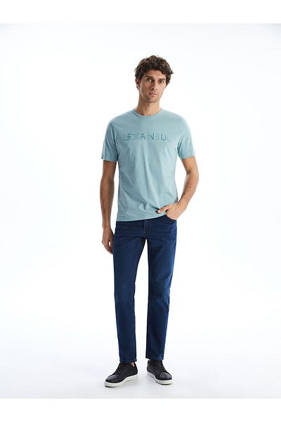 LC Waikiki Turquoise Crew Neck Short Sleeve Istanbul Printed Combed Cotton Men's T-Shirt