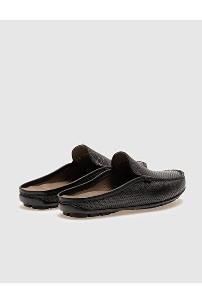 Cabani Hakiki Deri Siyah Lazer İşlemeli Erkek Günlük Terlik