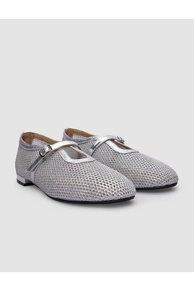 Cabani Gray Genuine Leather Buckle Mesh Women's Ballerinas