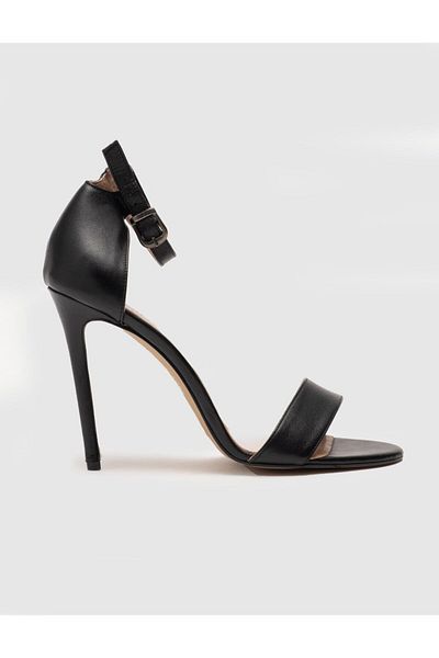Cabani Neolit Sole Buckle Detailed Genuine Leather Black Women's Heeled Shoes