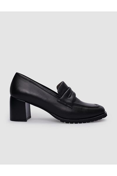 Cabani Black Genuine Leather - 100% Thick Heel Women's Shoes