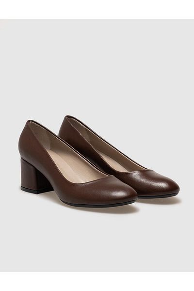 Cabani Genuine Leather Brown Women's Thick Heeled Shoes