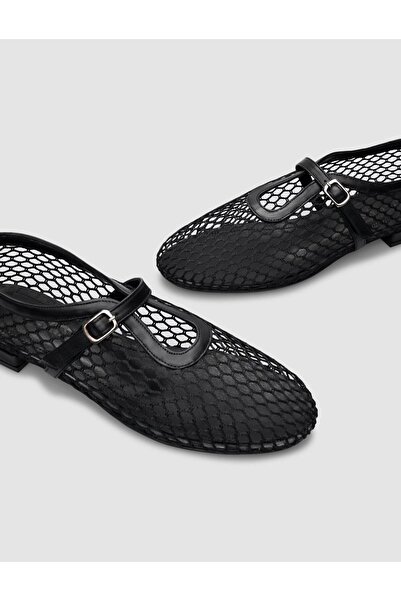 Cabani Black Genuine Leather - Women's Ballerinas with Mesh Buckle Detail