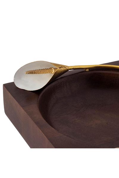 Dania Indian Wood Nut Serving Platter with Gold Rose Brooch 23cm