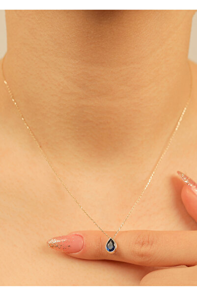 kuyumcu nurettin 1,65 gr (gram)  Damla Mavi Taşlı  Kolye  45 cm 14 Ayar Altın