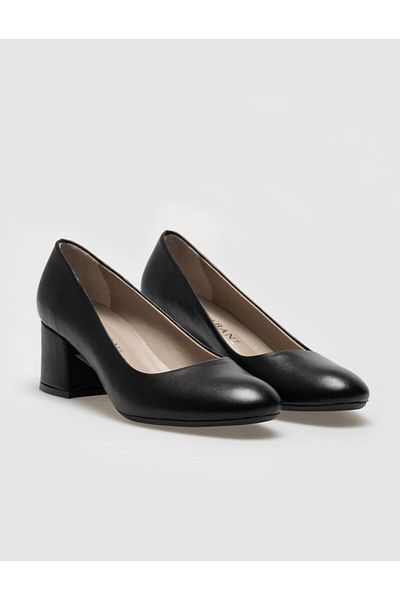 Cabani Genuine Leather Black Women's Thick Heeled Shoes