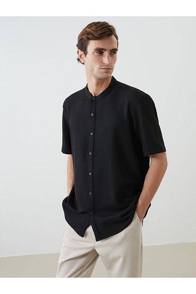 LC Waikiki Black Regular Fit Short Sleeve Dobby Men's Textured Shirt