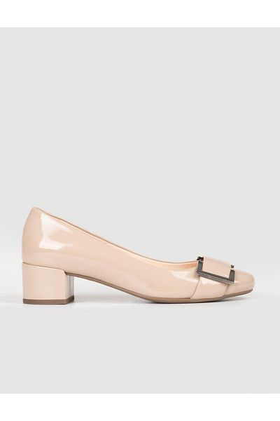 Cabani Genuine Leather Jurdan Sole Beige Women's Thick Heeled Shoes