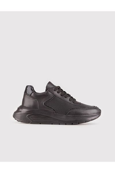 Cabani Genuine Leather Black Lace-Up Women's Sneakers