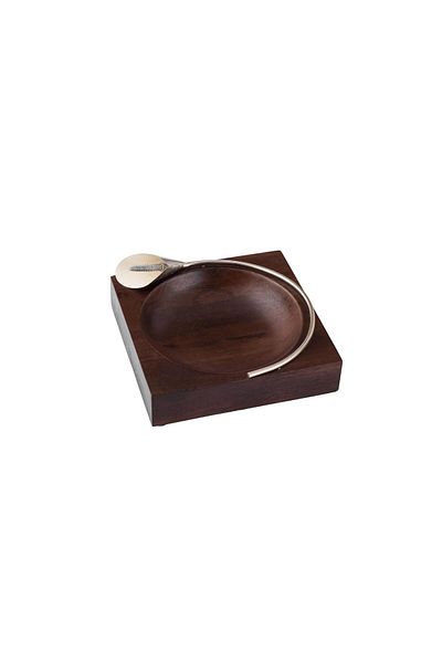 Dania Indian Wood Nut Serving Platter with Silver Rose Brooch 18cm