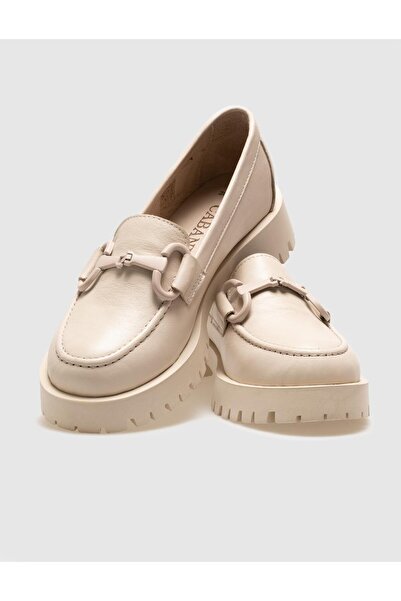 Cabani Genuine Leather Beige Buckle Women's Casual Shoes