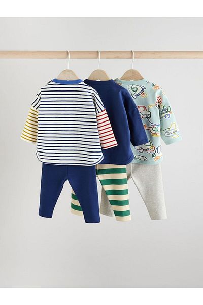 Next Baby Cotton Blue Gray Printed Long Sleeve 3-Piece Bottom Top Set
