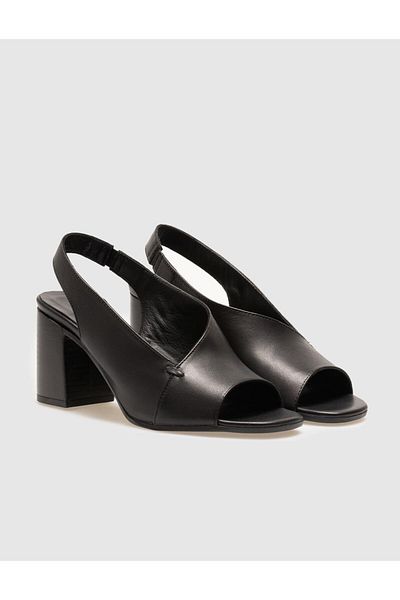 Cabani Genuine Leather Black Women's Thick Heeled Shoes