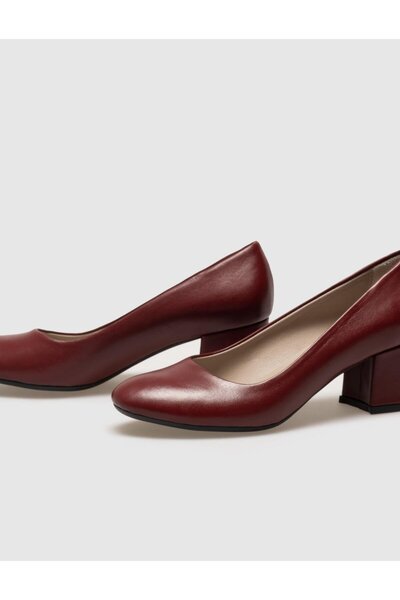 Cabani Genuine Leather Claret Red Women's Thick Heeled Shoes