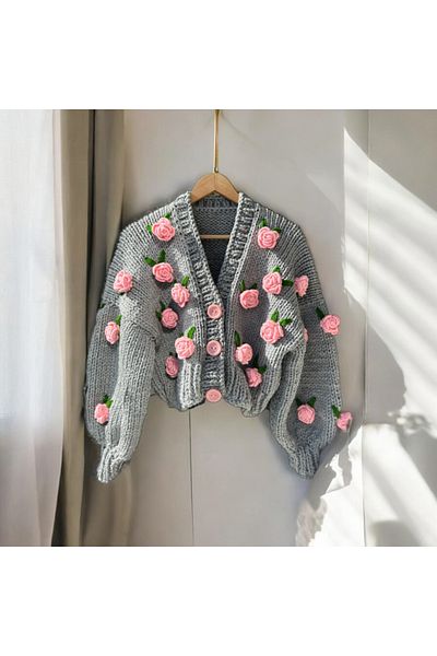 ThreadArtByNur Rose Detailed Hand Knitted Women's Cardigan, Floral Cardigan, Trend Cardigan