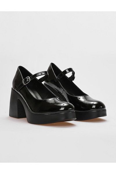 Cabani Genuine Leather Black Patent Leather Women's Thick Heeled Shoes