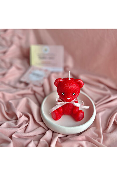 Handmade Dekoratif Kırmızı Ayıcık Mum & Dekoratif Beyaz Tabak Seti