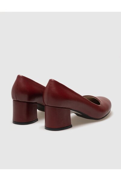 Cabani Genuine Leather Claret Red Women's Thick Heeled Shoes