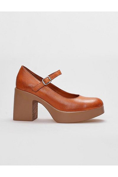 Cabani Genuine Leather Tan Women's Thick Heeled Shoes