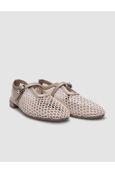Cabani Beige Colored 100% Genuine Leather - Women's Ballerinas with Mesh Buckle Detail