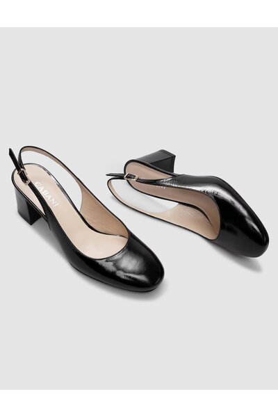 Cabani Genuine Leather Black Patent Leather Open Back Women's Heeled Shoes