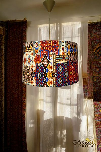 Göksu Lighting Ethnic Pattern Fabric Chandelier, Stylish Lighting Piece for Living Room and Hall