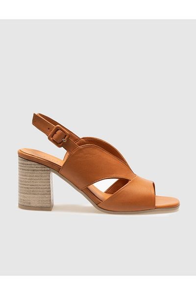 Cabani Genuine Leather Tan Buckle Women's Thick Heeled Shoes