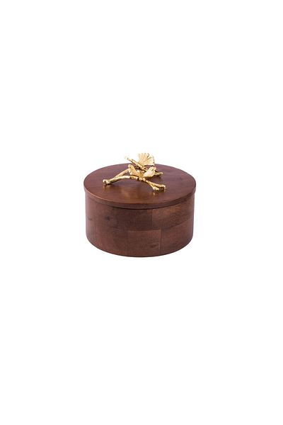 Dania Round wooden box with gold brooch, size 15 cm