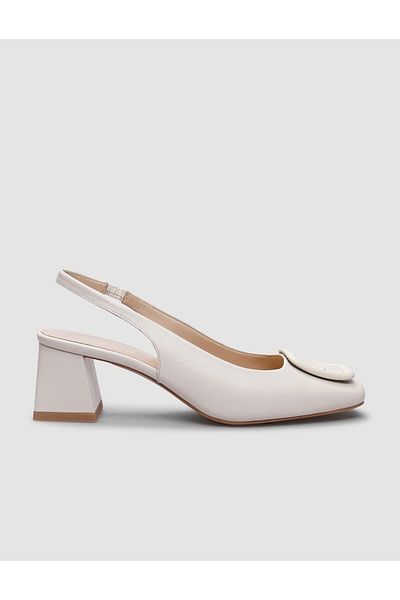 Cabani 100% Genuine Leather White Buckle Detailed Women's Heeled Shoes