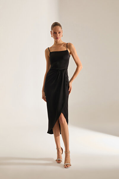 BETTY & SAM Solomia Drapeli Askılı SİYAH Gece Elbisesi