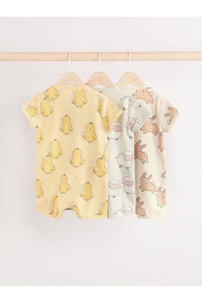 Next Baby 100% Cotton Cream Yellow Animal Pattern 3-Piece Romper Set