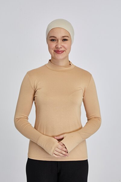 manolyaşal islamic hijab جسم نسائي عضوي من الليكرا مع ياقة مدورة خفيفة - بيج ...