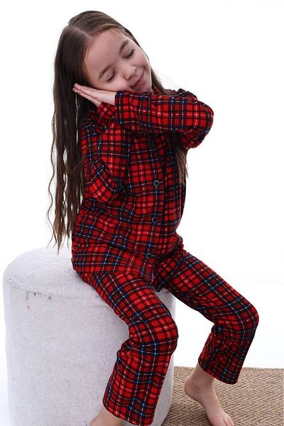 ARBİ kids Girl's Red Checkered Button Pajamas