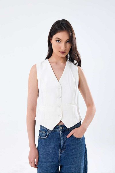 yeditepe fashion White Women's V-Neck Stylish Woven Vest