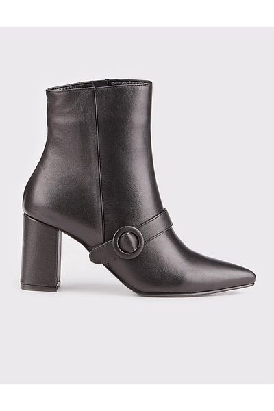 Cabani Genuine Leather Buckle Detailed Black Zippered Women's Heeled Boots