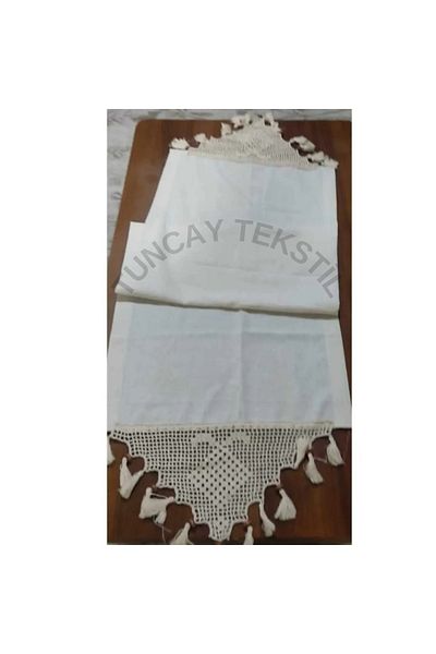 TUNCAY TEKSTİL Linen Coffee Table Table Top Cloth - Hand Lace and Tasseled Runner, Ranir CoverBuldanWork