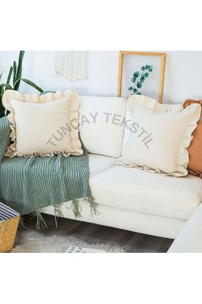 TUNCAY TEKSTİL 100% Natural Linen - Frilly Throw Pillow Cover